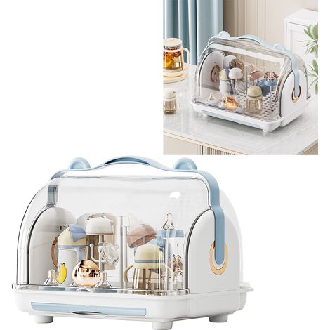 Organisateur pour Bébé - Boîte de Stockage Transparente avec Couvercle Antipoussière - Rangement pour Biberons et Accessoires en Plastique Bleu (1/5)