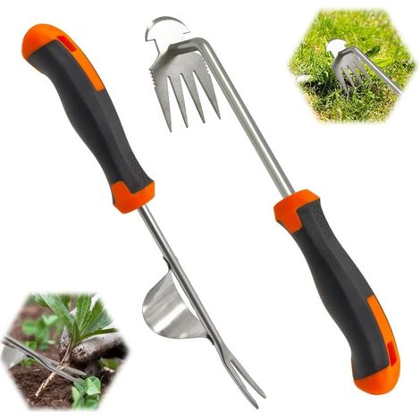 Estrattore di erbacce manuale in acciaio inossidabile da 2 pezzi, estrattore di erbacce, strumento di diserbo manuale con impugnatura in gomma, attrezzi da giardinaggio per scavare, diserbare e allent