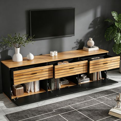 Tkopy - Meuble tv 168cm, meuble tv avec rangement, équipé de deux grandes portes coulissantes et de trois tiroirs de grande capacité, conception bicolore en patchwork, noir et couleur bois naturel (1/5)