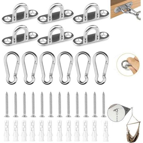 Kit de 36 crochets U inox M5 avec anneaux ovales, mousquetons à ressort, vis et chevilles pour fixation murale et plafond (1/5)