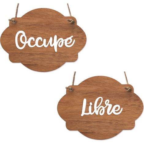 Plaque de porte en bois avec ventouse et cordelette Panneau ouvert fermé, pancarte toilettes, salle de bain.- Bois Foncé - Occupé / Libre