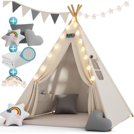 Tipi enfant 120x120 cm – Tente de jeu avec tapis et guirlande lumineuse – 3 coussins colorés – Chambre d'enfant – 160 cm de hauteur – Spielwerk