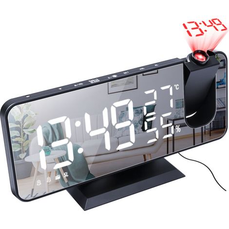 Réveil lumineux Projecteur avec Horloge Numérique, avec Double Alarme et Écran Miroir LED ,7 boutons, Avec mode snooze, 4 Niveaux de Luminosité, 12/24h, pour La Maison, Le Bureau