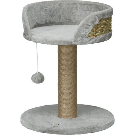 Arbre à chat arbre à grimper grattoir design jeu pompon suspendu + plateforme peluche 40 x 40 x 49 cm jute gris (1/5)