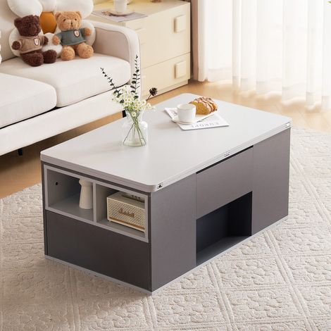 Table basse relevable multifonction plateau double ouvrant, table 2 en 1 gris foncé et gris clair (1/5)