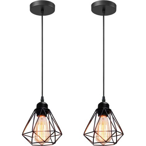Lot de 2 Suspension Luminaire Industrielle Métal Lustre Plafonnier Style Cage Ø16cm Géométrique E27 Mini Lampe Suspension Vintage pour Cuisine Chambre Couloir, Noir (1/4)
