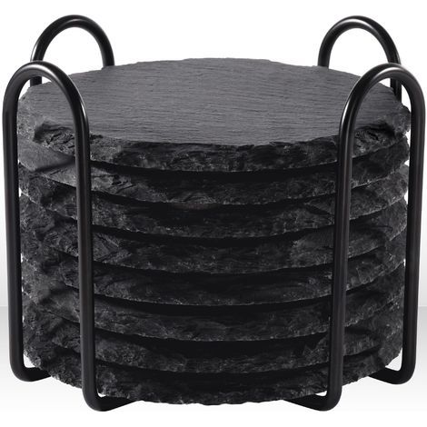 Lot de 8 Dessous de Verre Ardoise avec Support Métal - Coffret 10 cm pour Protection Tables - Décoration Maison, Cuisine, Bar - Cadeau Mariage ou Pendaison de Crémaillère (Noir, Rond) (1/4)