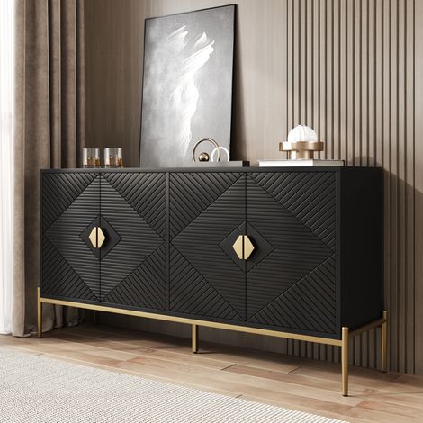 Sideboard aus MDF und Spanplatte schwarz 162 x 40 x 80 cm, 4 Türen, Metallbeine (1/5)