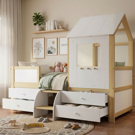 Lit cabane enfant mi-hauteur 90x200 cm avec 4 tiroirs de rangement, escalier, garde-corps 4 côtés, toit et fenêtre, pin et MDF, blanc et naturel (1/5)