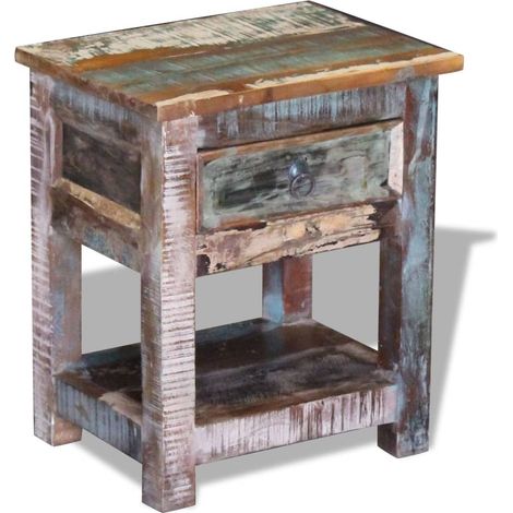 Table d'appoint 1 tiroir Bois de récupération massif 43x33x51cm (1/5)