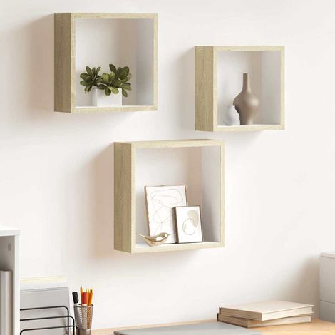 Étagères murales sous forme de cube 3 pcs Étagère de Rangement - Meuble de rangement Blanc et chêne sonoma BV370253 - BonneVie (1/5)
