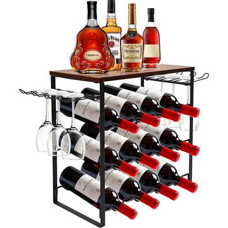 Casier à Vin en Métal Bouteilles, Bouteilles Autoportant avec Plateau Et Porte-Verres, 62 x 21 x 41 cm, Support Vintage pour Cave, Bar Et Espace De Rangement (1/5)