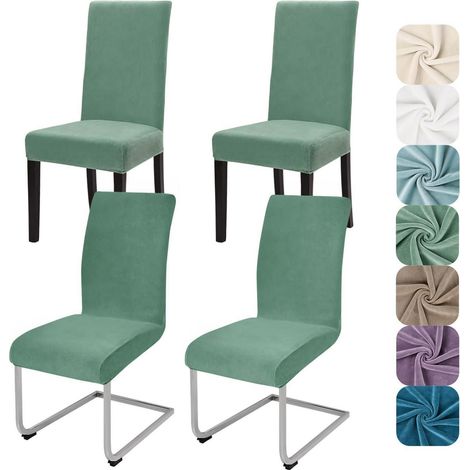Stuhlhussen 4er Set Samt Bohnengrün, elastisch & waschbar (1/5)