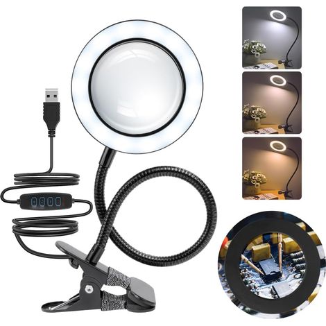 Lampe loupe LED, grossissement 3x avec éclairage, 3 couleurs et 10 niveaux de luminosité, lampe loupe de bureau orientable à 360° avec pince, idéale pour le travail, le maquillage, la lecture et la co