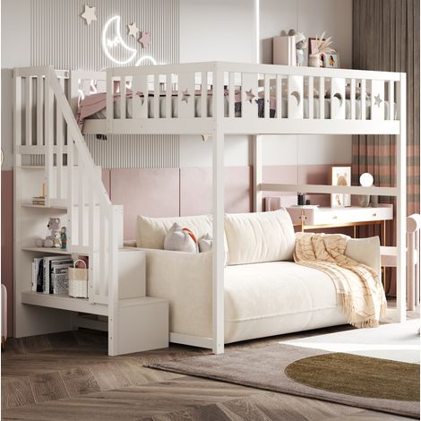 Lit mezzanine 140x200 en bois blanc avec escalier HAVRYA (1/5)