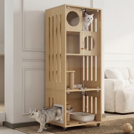 Recinto para gatos 60x50x156 cm de MDF y vidrio, madera natural, con almacenaje FloraGrace (1/5)