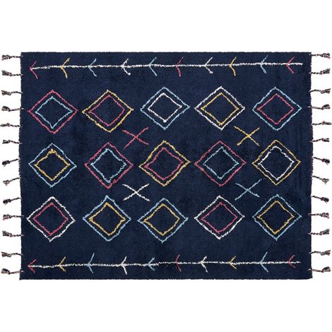 Alfombra de algodón negro azul amarillo blanco 160 x 230 cm hecho a mano Corum