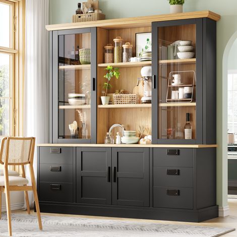 Buffet haut de cuisine 140x40x185 cm avec 6 tiroirs, portes vitrées et anti-basculement, MDF noir (1/5)