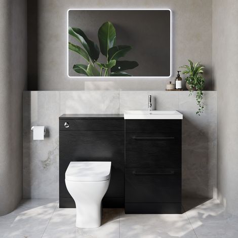 Napoli 390 Cento Nero Oak 1100mm 2 Drawer Vanity Unit Toilet Suite with Glide Basin - 1100mm - Chrome 320mm HandleWith Kingston Toilet Pan and Seat