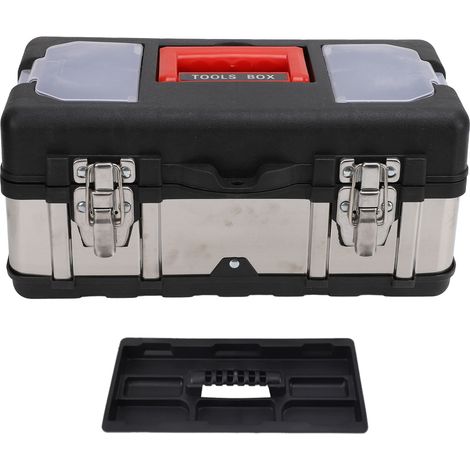 Boîte à outils de 14 pouces, organisateur verrouillable en acier inoxydable de grande capacité avec plateau amovible pour la réparation automobile à domicile (1/5)
