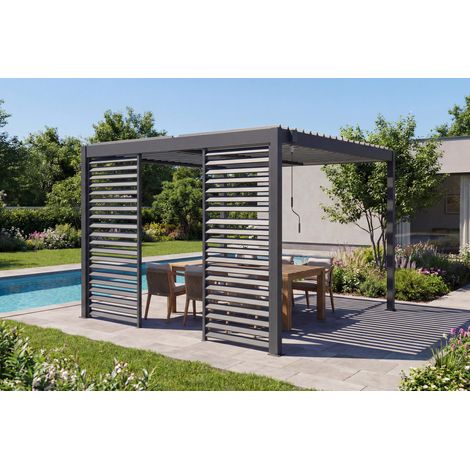 Pergola bioclimatique autoportée 3x3m PIANA aluminium gris avec 2 persiennes brise-vue
