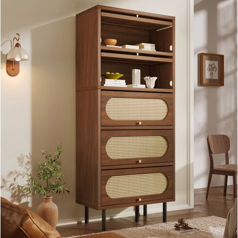 Credenza alta contenitore 80x40x163 cm, 5 ante a ribalta, legno di noce e rattan, gambe in metallo nero (1/5)
