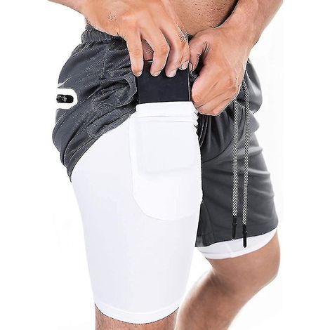 Short de sport 2 en 1 pour homme, idéal pour la course, la salle de sport et l'entraînement. Séchage rapide. Taille M. Gris foncé. (1/5)