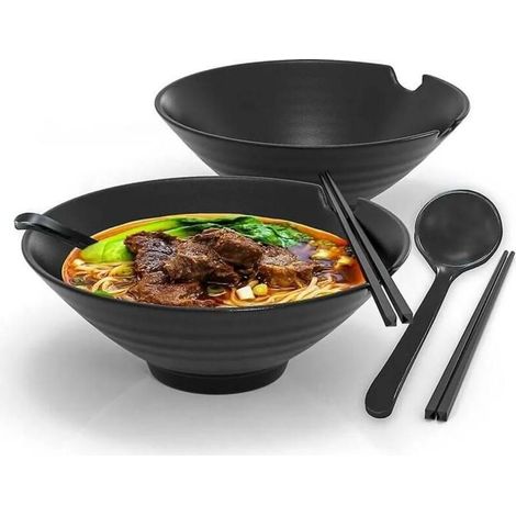 KLVGTIFS PUEnsemble de 2 bols à ramen – Service de table japonais traditionnel avec baguettes et cuillère, noir (1/5)