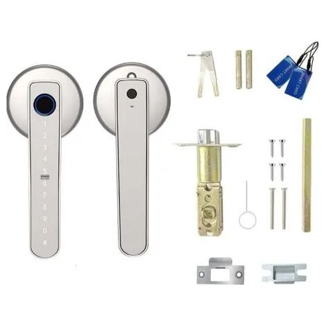 Serrure de porte intelligente à empreinte digitale avec 2 clés mécaniques et 2 cartes à puce, déverrouillage via l'application Tuya, blanche (1/3)