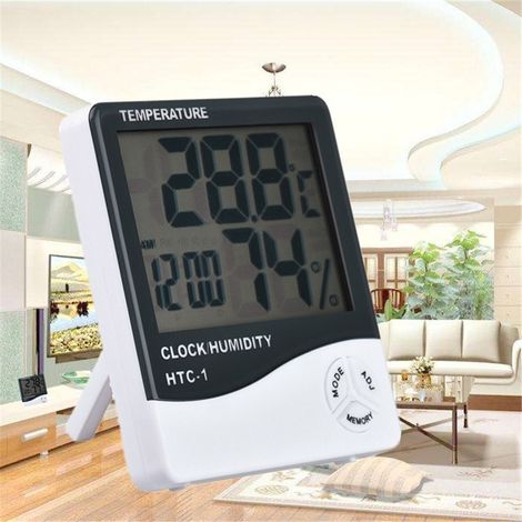 HTC-1 Multifunktionales digitales Thermometer, Hygrometer und Uhr mit großem Display, misst Umgebungstemperatur und Luftfeuchtigkeit (1/5)