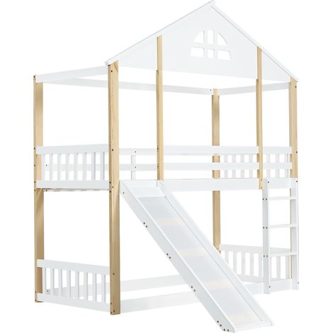 Cama alta infantil con ventanas, tobogán y escalera de 3 peldaños 90 x 200 cm blanco y natural (1/5)