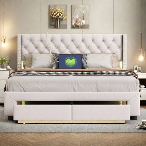 Cama de matrimonio para dos 160x200 cm, somier incluido, 2 cajones, cabecero con decoración de botones y LED, cofre de almacenamiento, beige. (1/5)