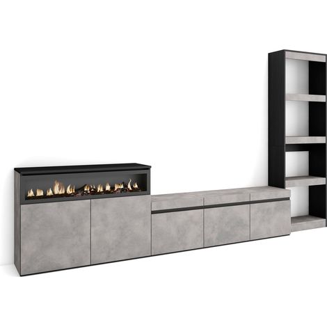 Skraut Home – Ensemble meuble TV moderne avec cheminée électrique – Dimensions 310x35x186cm – Pour TV jusqu'à 65" – Couleur gris ciment
