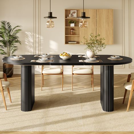 Table à manger extensible ovale 120-160 cm plateau en bois, pieds rainurés, Coins arrondis Noir (1/5)