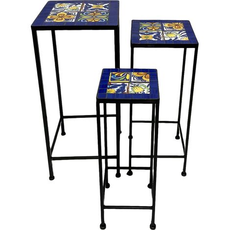 Axi Eline Etagère À Plantes Carrée En Mosaïque Bleu/Jaune – Lot De 3 Pièces Table À Plantes Avec Incrustations De Carreaux De Mosaïque En Céramique Pour Le Jardin / Le Balcon / La Terrasse (1/5)