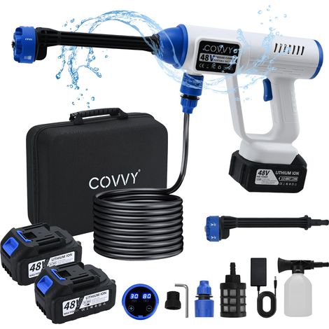 Nettoyeur haute pression sans fil, portable, 2 batteries, 725 psi, générateur de mousse, tuyau de 10 m, raccord de tuyau, filtre, buse 6 en 1, pour voiture, sol, nettoyage du jardin (blanc) (1/5)