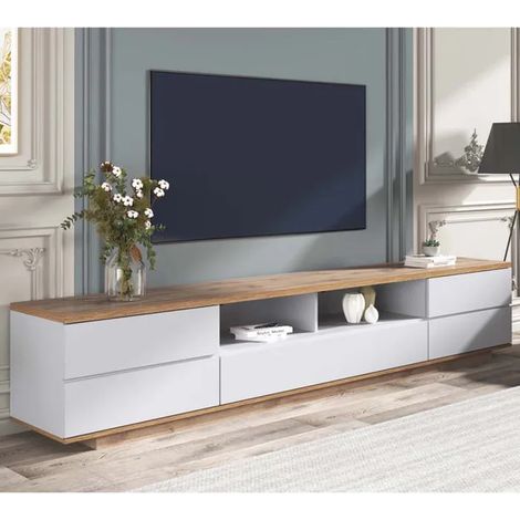 Meuble TV Moderne 180 cm Blanc et Bois - Push-to-Open Grille, 5 Portes, Rangement XXL, Plateau Support 50 kg, Salon Chic