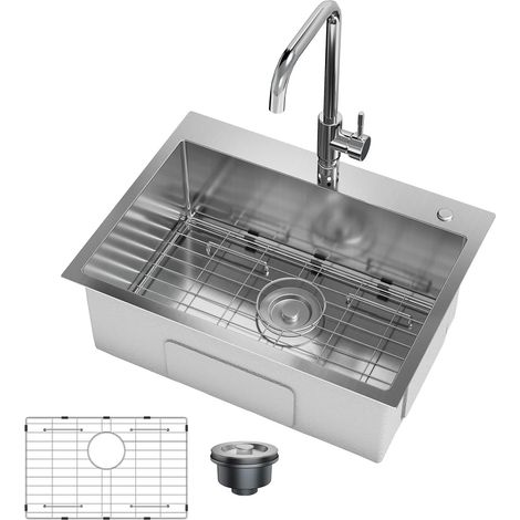 Évier de cuisine inox à poser 1 bac avec robinet 61 x 46 cm (1/5)