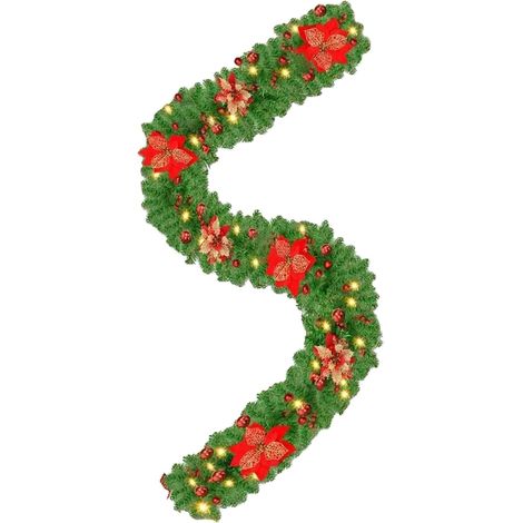 Ghirlanda di decorazioni natalizie da 2,7 m con fiori rossi e oro, palline rosse - Decorazione da parete/porta/albero di Natale - Richiede 3 batterie AA (non incluse)