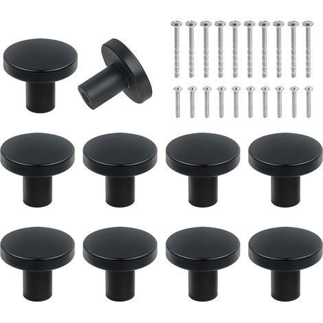 10 schwarze Möbelknöpfe mit 20 runden Befestigungsschrauben (20 x 25 mm) mit Einzellochbohrung für moderne Schränke, Kommoden und Regale