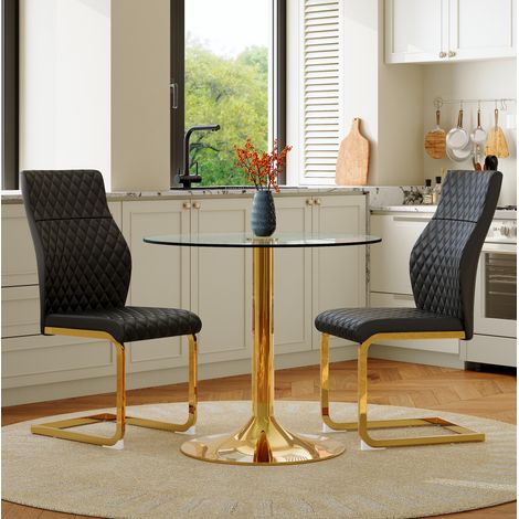 Ensemble table et chaises rond 85 cm en verre trempé, 2 chaises noires et dorées DESVIAE (1/5)