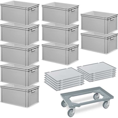 BRB 10 Euroboxen, LxBxH 600x400x320 mm + 10 Scharnierdeckel + 1 Transportroller (grau)