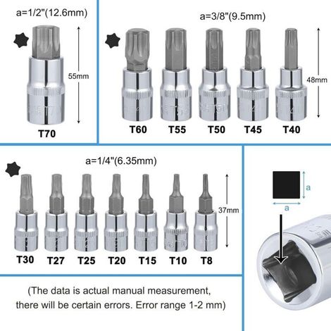 13 Pièces Douille Torx Male, T8 - T70 Embout Torx Douille Etoile 1/4" 3/8" 1/2", Coffret Douille Torx Douille a Embout 6 Pans, 37 mm/48 mm/55 mm Long (1/5)