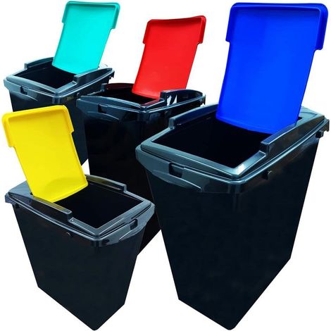 Set of 3 40L Black Base Recycling Waste Utility Interlocking Bins With Colour Coded Lids (Green, Red & Blue Lids)