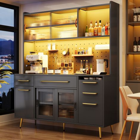 Buffet de cuisine avec led, tiroirs, porte coulissante et pegboard, noir, 145x39x171 cm (1/5)