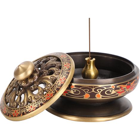 Brûleur d'encens au bois de santal, brûleur d'encens ancien en forme de lotus, cendrier original, brûleur d'encens en cuivre émaillé (1/5)