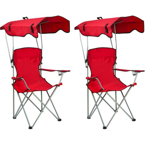 Set de 2 Silla Plegable de Playa, Silla de Camping Plegable con Toldo y Portavasos, Carga hasta 100 kg para Patio al Aire Libre Rojo (1/5)
