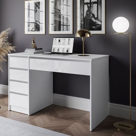 Escritorio Massico, 4 cajones, modulable, pasacables, 120x55x143h cm, blanco brillante (1/3)