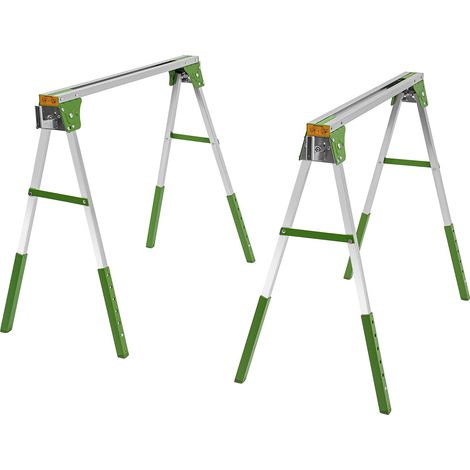 Saw Horses Twin Pack,2Pcs Work Trestle Folding Saw Horse 1200Kg Load Capacity Adjustable Height Range 72.6-89cm Folding Trestle with 4 Detachable Hooks (Green, Silver) (1/5)