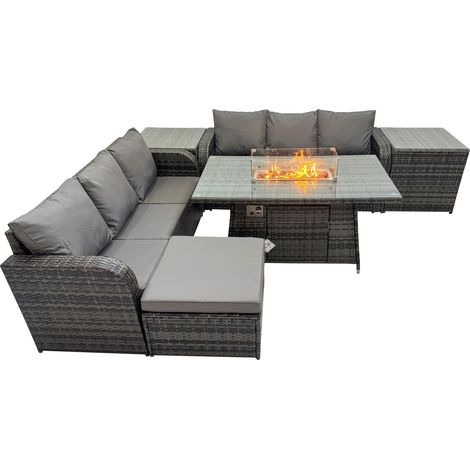 Fimous Garden Outdoor Rattan Furniture Set Rattan 3 Seater Sofa with Big Stool 2 Side Tables Dark Grey Mixed (1/5)